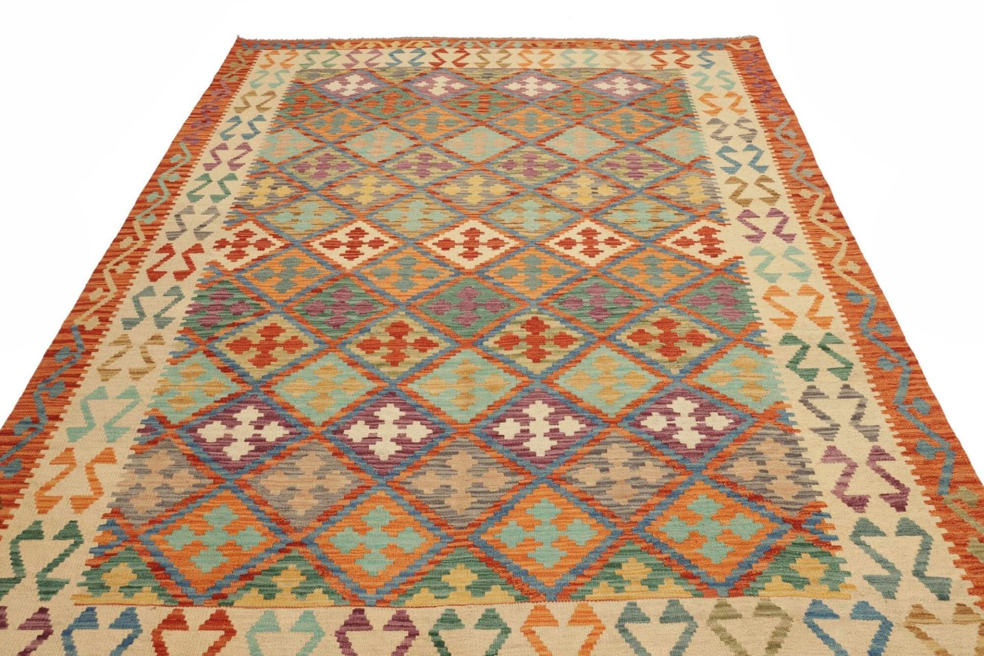 Kelim Teppich 204x291cm, Schurwolle, handgewebt, rustikal, warm
