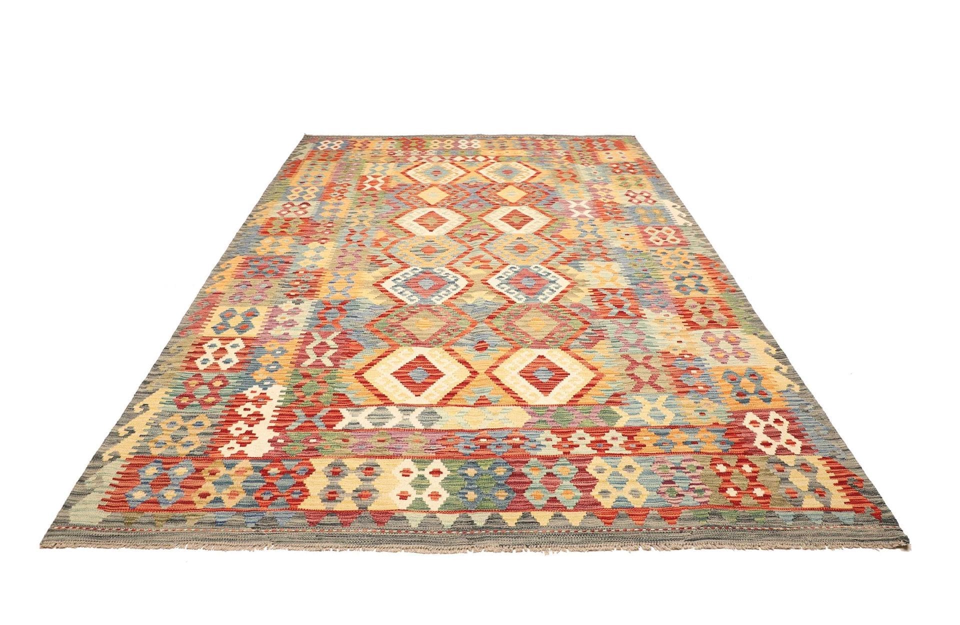 Kelim Teppich 210 x 293 cm, handgewebt, rustikales Flair, Wolle
