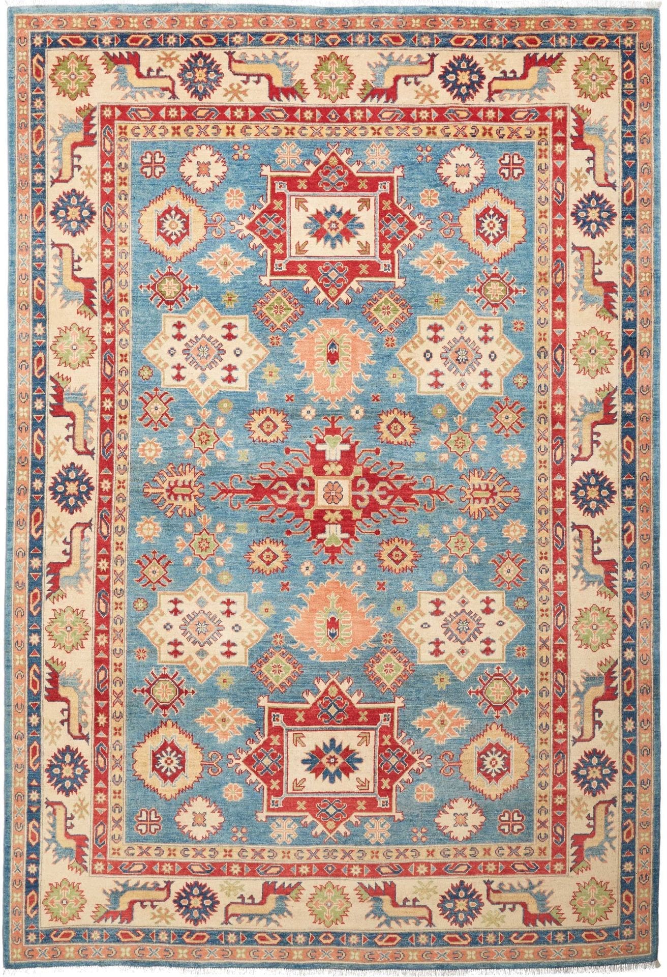 Kazak Orientteppich 201 x 293 cm mit geometrischen Mustern, handgeknüpft