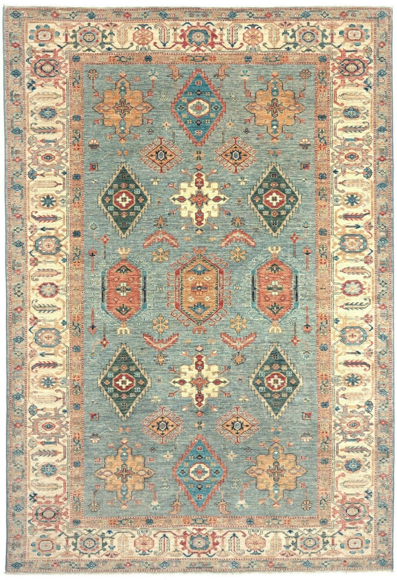 Kazak Teppich 211 x 303 cm, geometrisches Muster, handgeknüpft