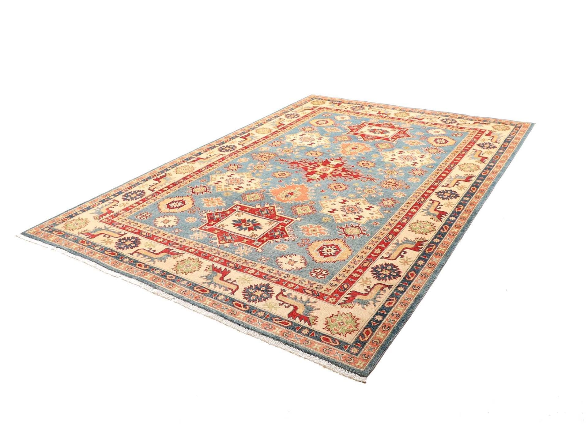 Kazak Orientteppich 201 x 293 cm mit geometrischen Mustern, handgeknüpft