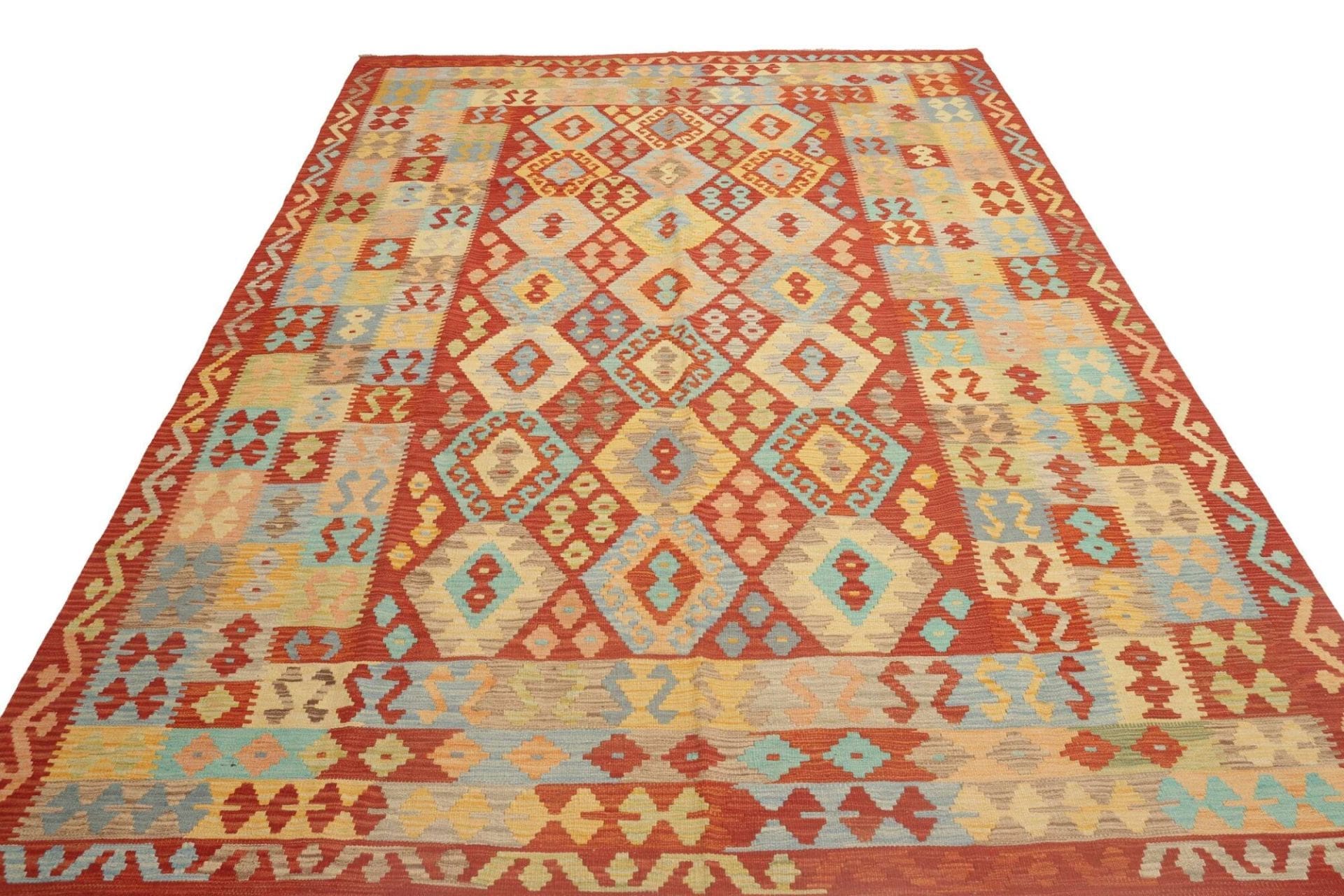 Kelim Teppich 216 x 303 cm, handgewebt, rustikaler Stil, Wolle