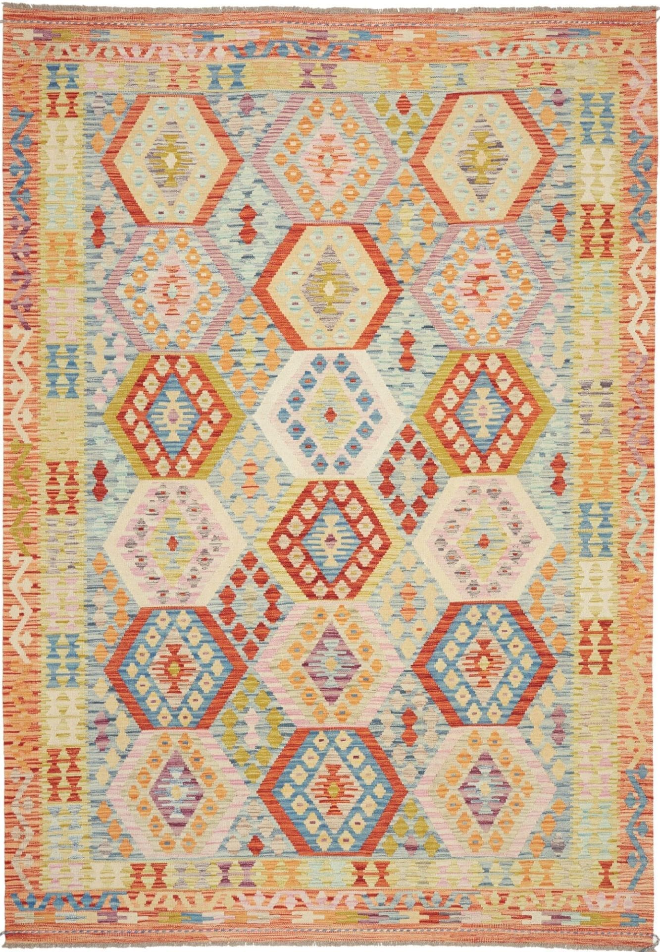Handgewebter Kelim 208 x 299cm aus Schurwolle, rustikaler Orientteppich