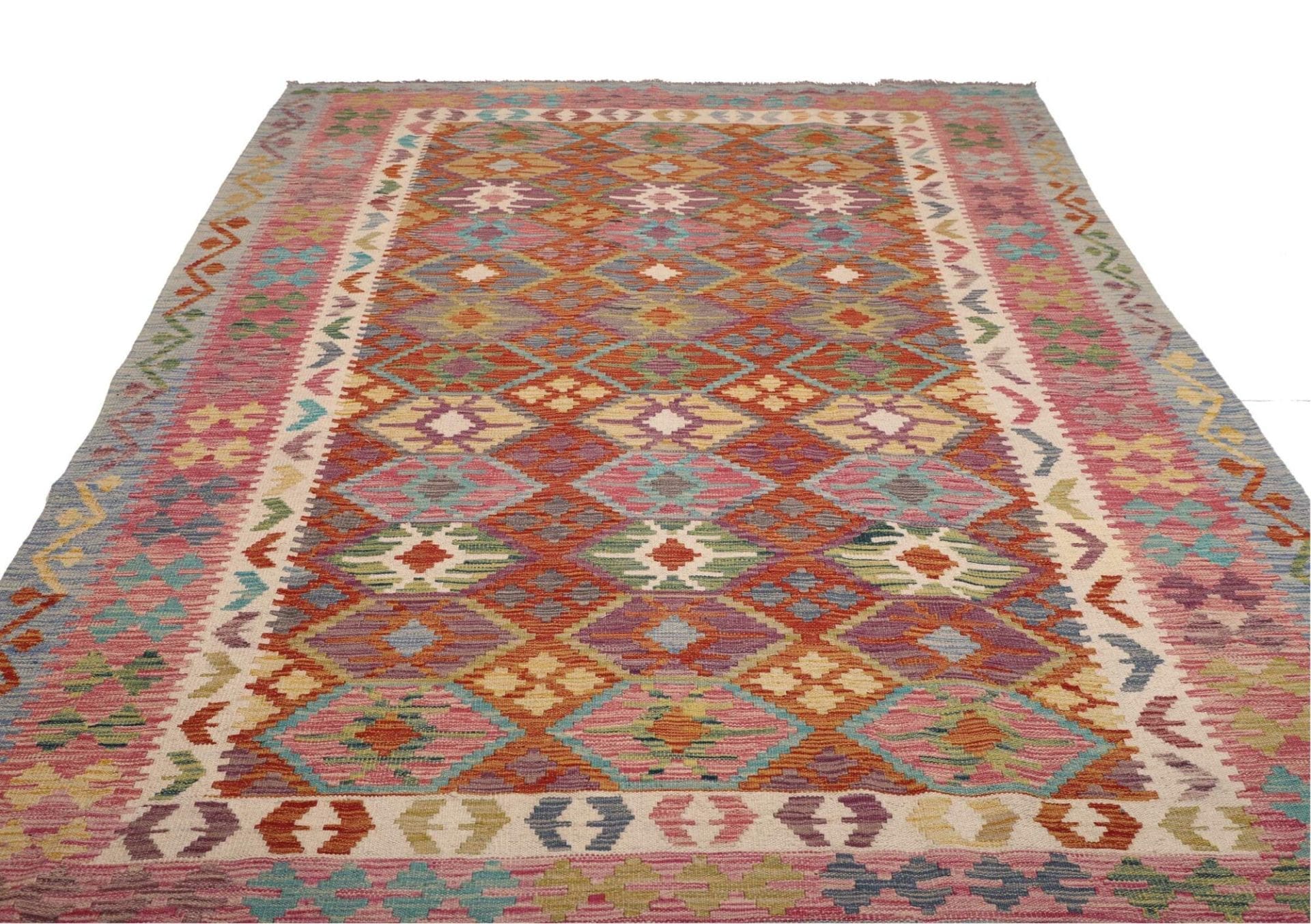 Kelim Teppich 199 x 292cm, handgewebt, rustikales Flair, Wolle