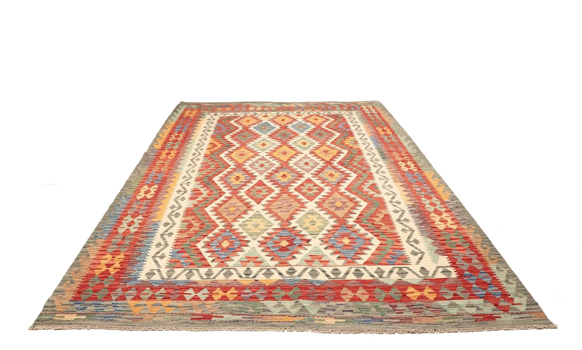 Kelim Teppich 213 x 294 cm, Schurwolle, handgewebt, rustikal