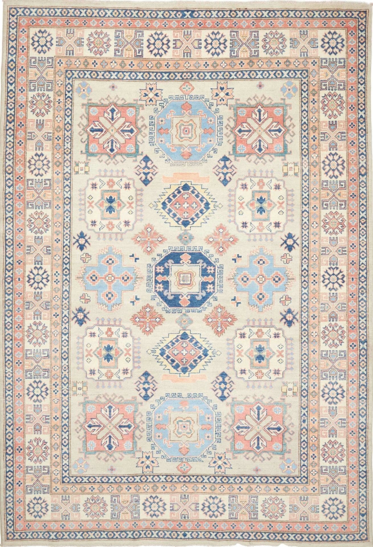 Kazak Teppich 206 x 294 cm mit geometrischen Mustern, handgeknüpft
