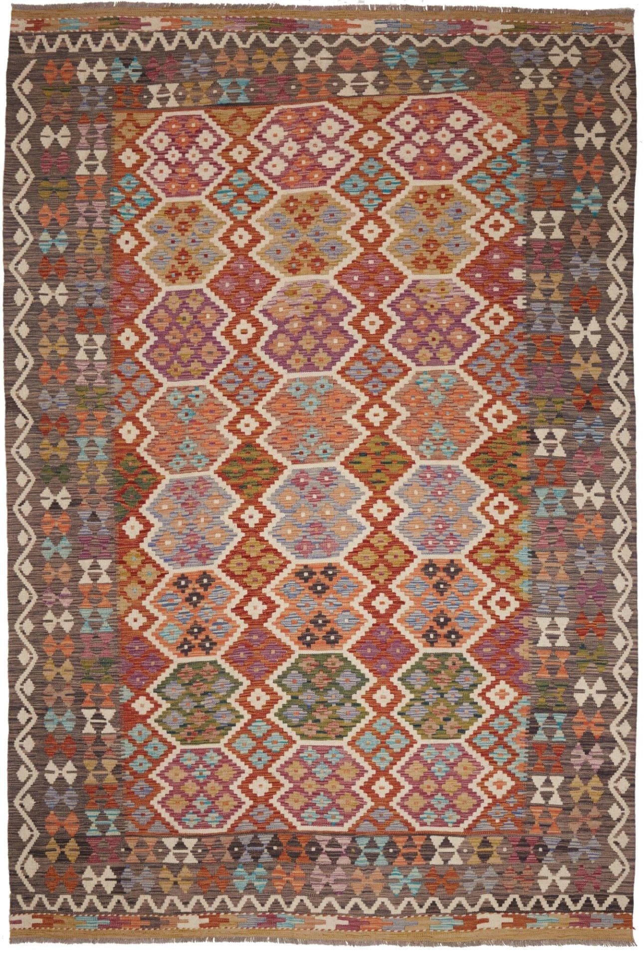 Kelim Teppich 205 x 304cm, Schurwolle, handgewebt, rustikal