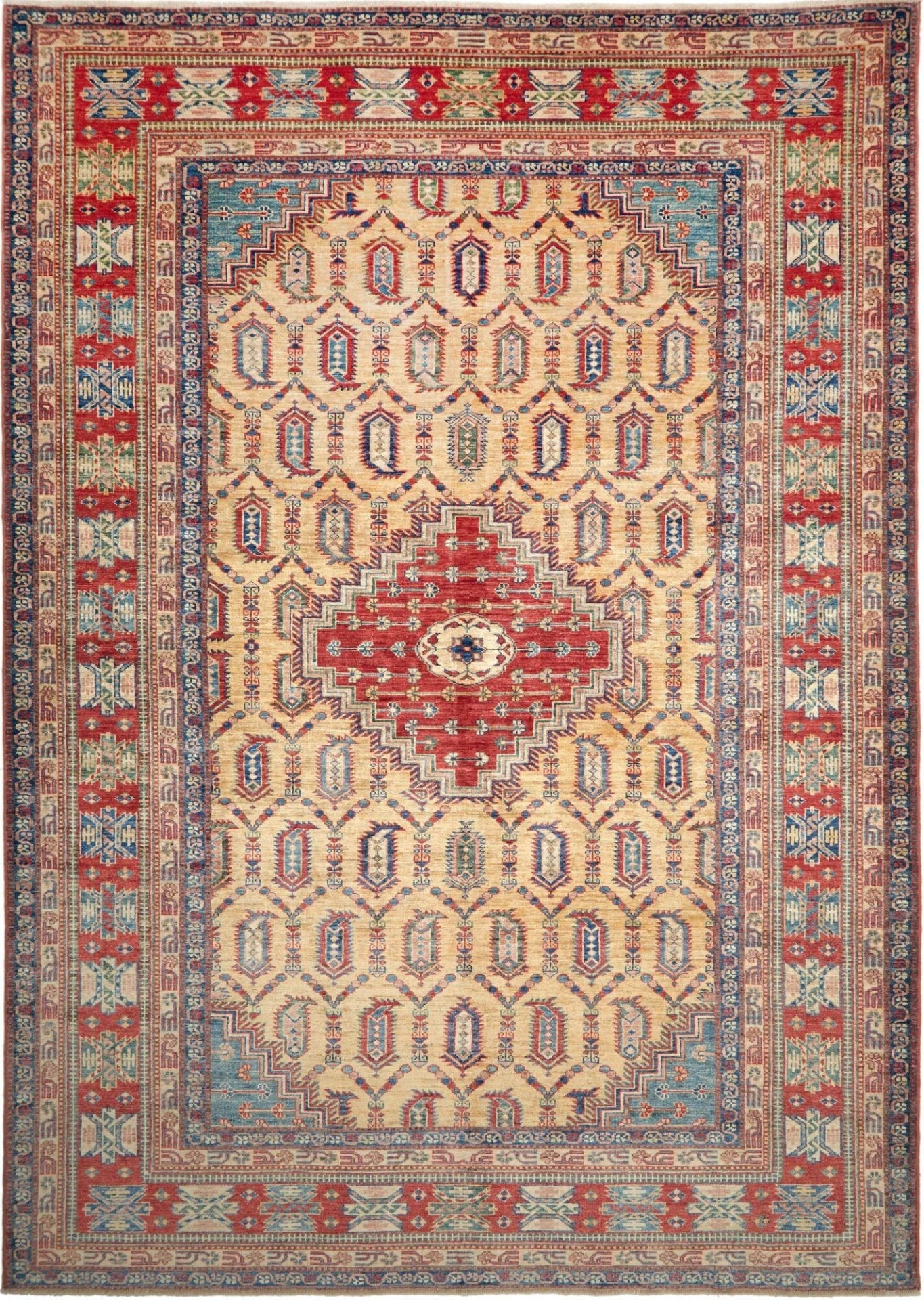 Kazak Orientteppich 212 x 295 cm, geometrisches Muster, handgeknüpft