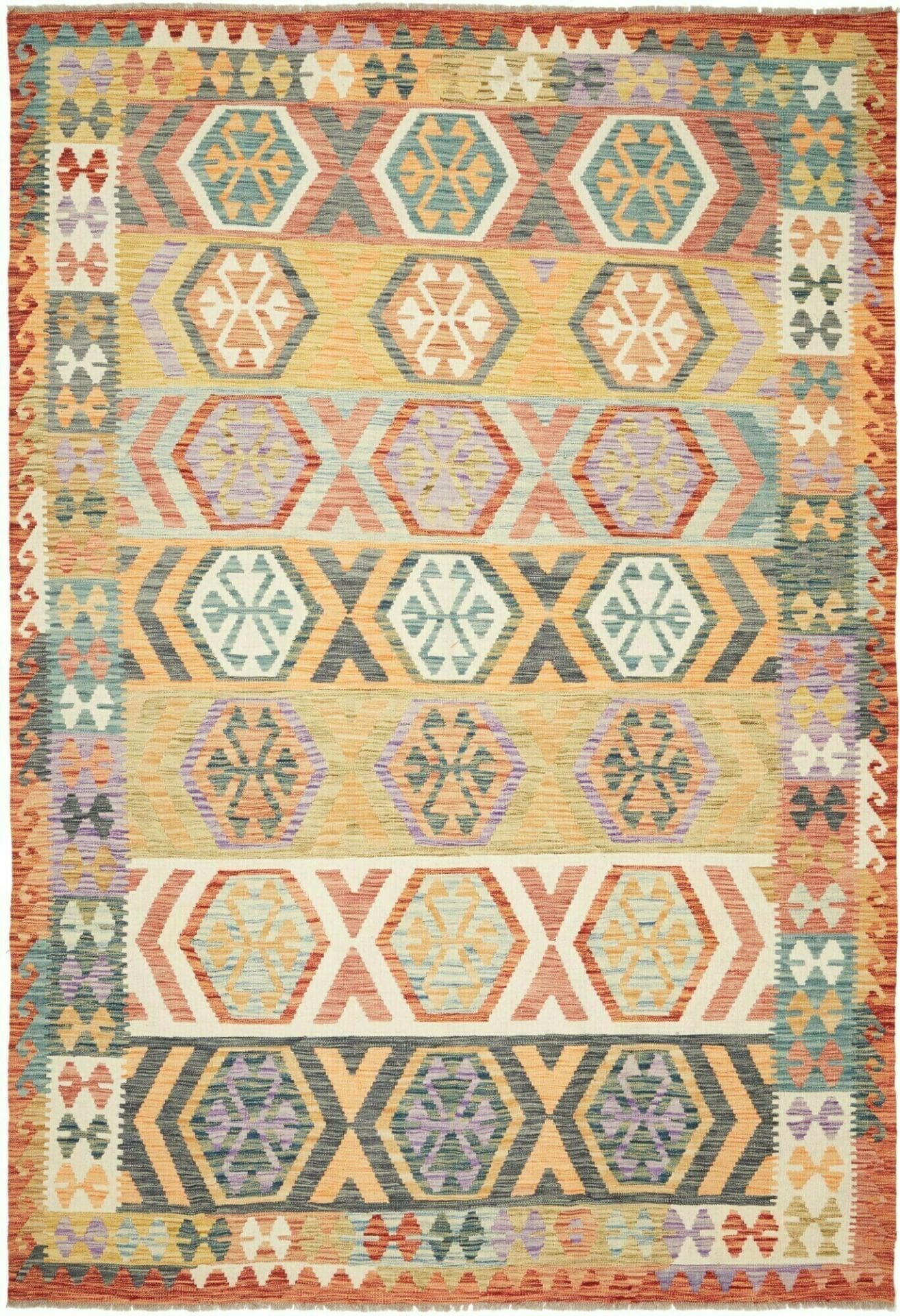 Kelim Teppich 215 x 295cm, rustikal, handgewebt, Wolle/Baumwolle