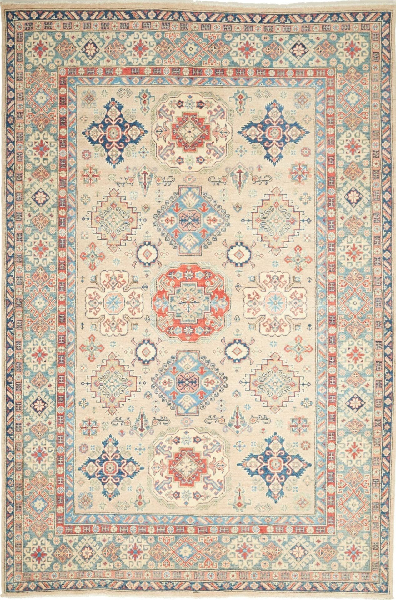 Kazak Teppich 201 x 304 cm, geometrisches Muster, handgeknüpft