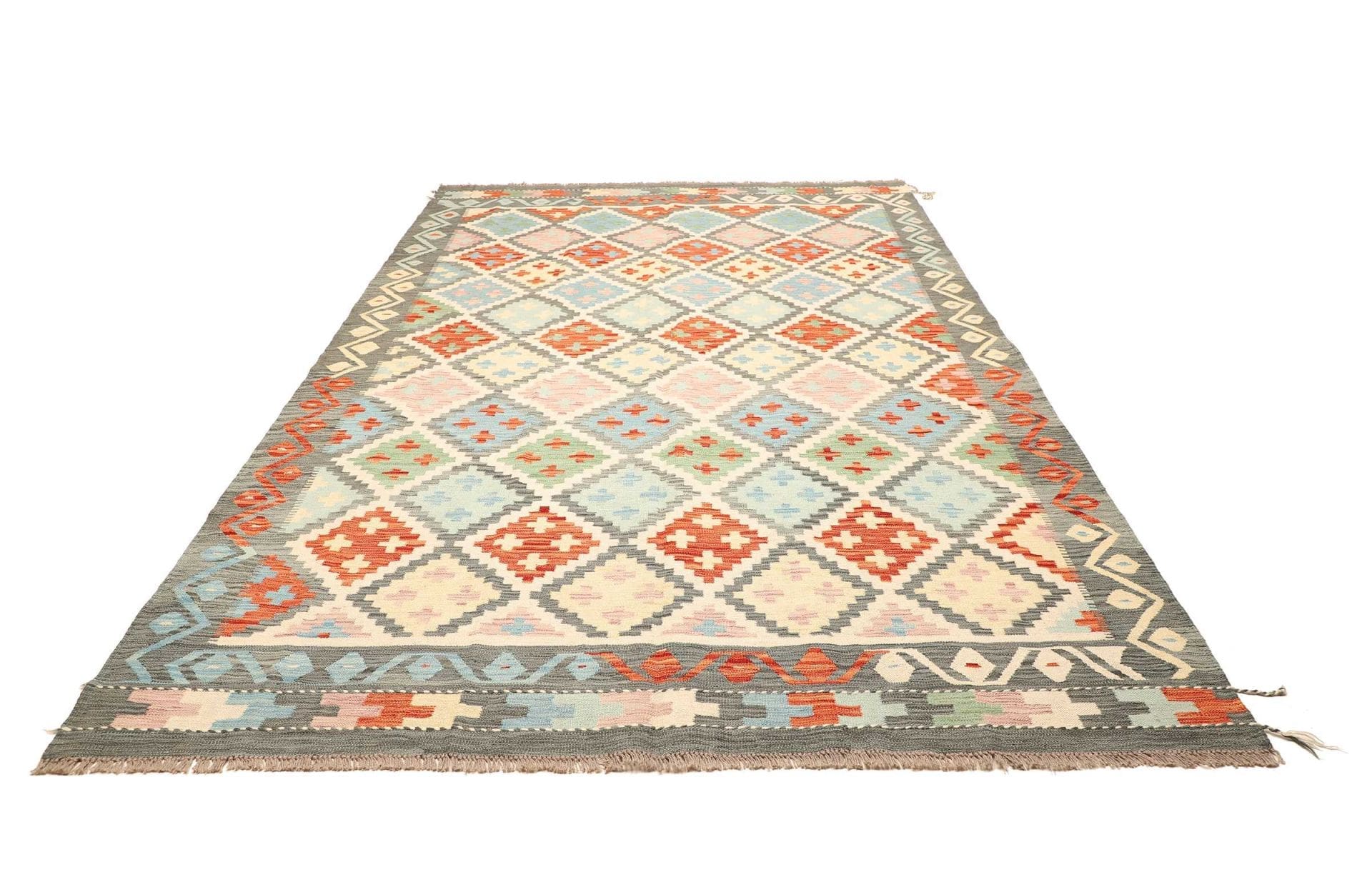 Kelim Teppich 211 x 299 cm, handgewebt, rustikales Flair, Wolle