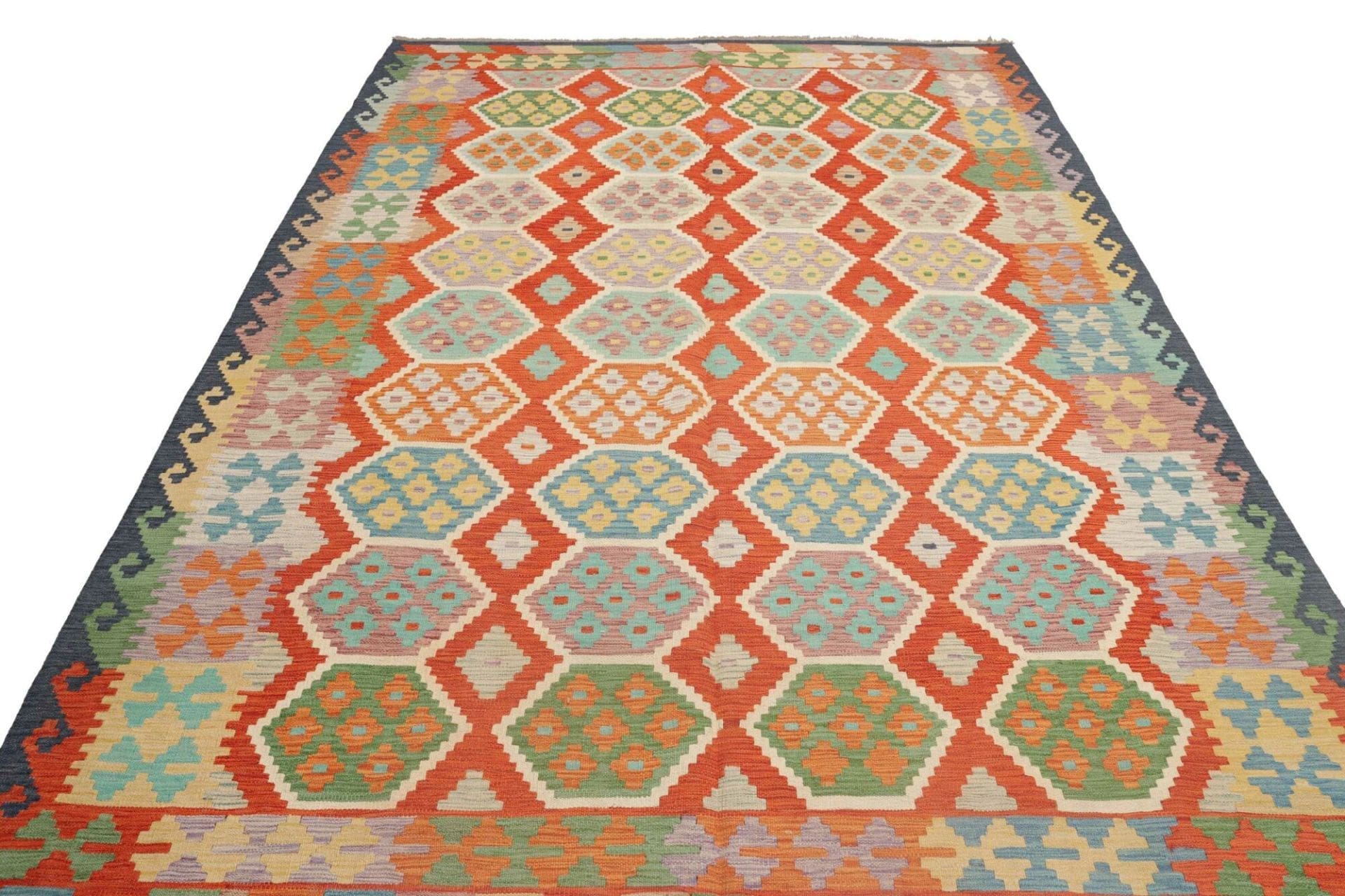 Kelim Teppich 207 x 297cm, Schurwolle, handgewebt, rustikales Flair