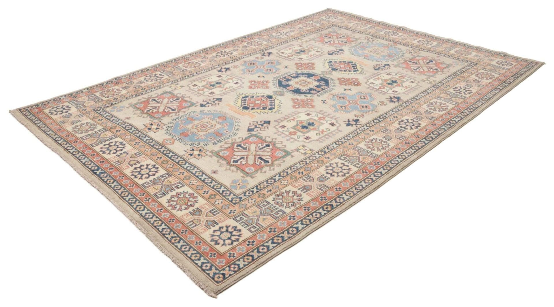 Kazak Teppich 206 x 294 cm mit geometrischen Mustern, handgeknüpft