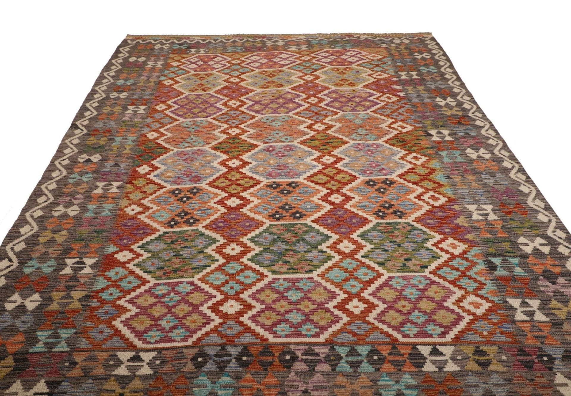 Kelim Teppich 205 x 304cm, Schurwolle, handgewebt, rustikal
