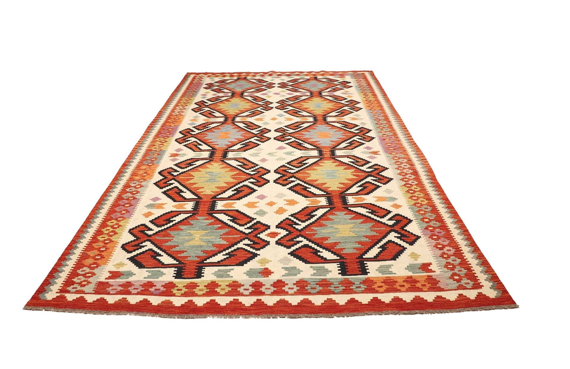Kelim Teppich 201 x 298 cm, Schurwolle, handgewebt, Orientteppich