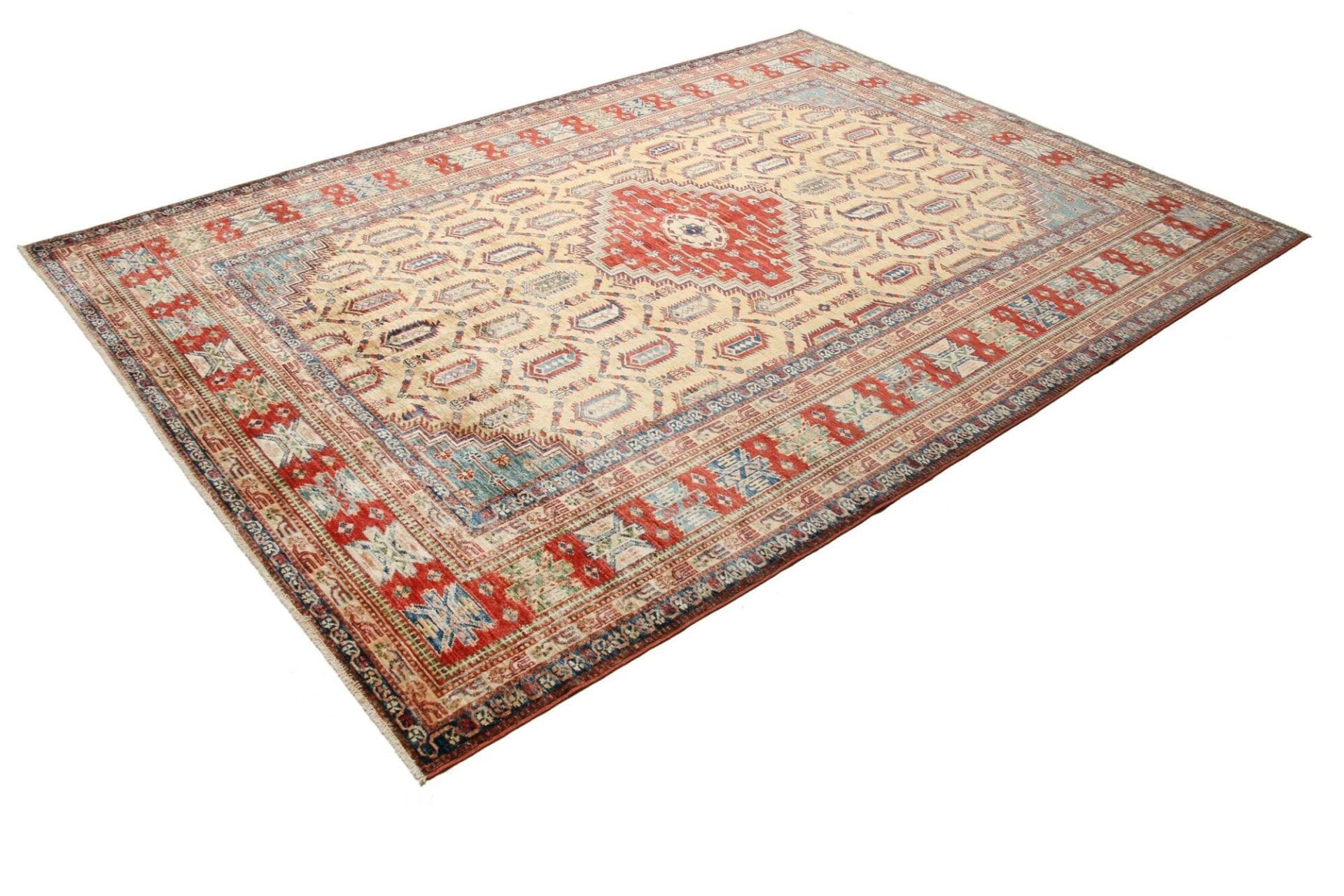 Kazak Orientteppich 212 x 295 cm, geometrisches Muster, handgeknüpft