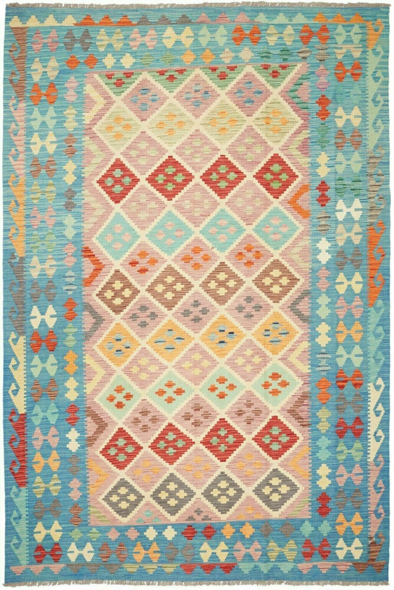 Kelim Teppich 199 x 298cm, handgewebt, rustikales Flair, Wolle