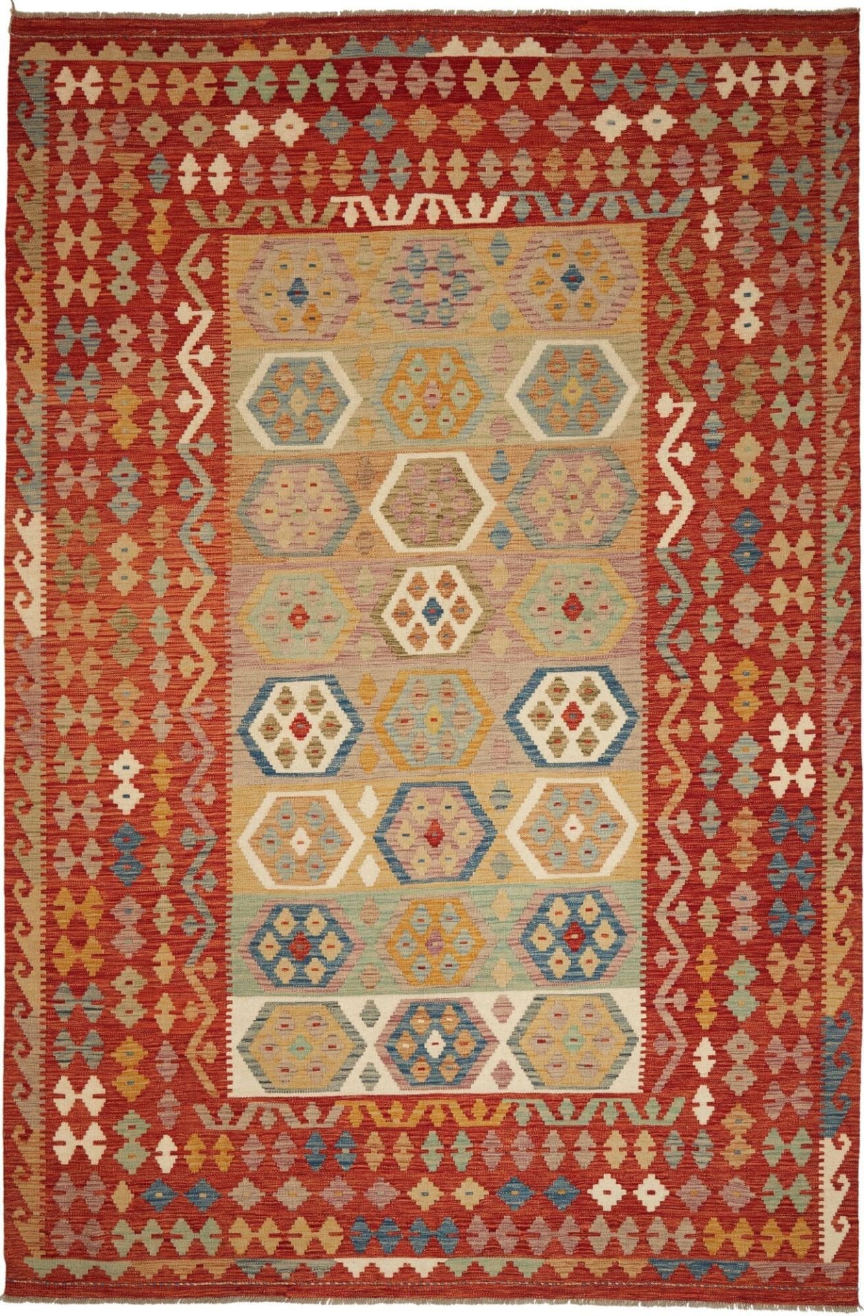 Kelim Teppich 200 x 304cm, handgewebt, rustikales Flair aus Wolle