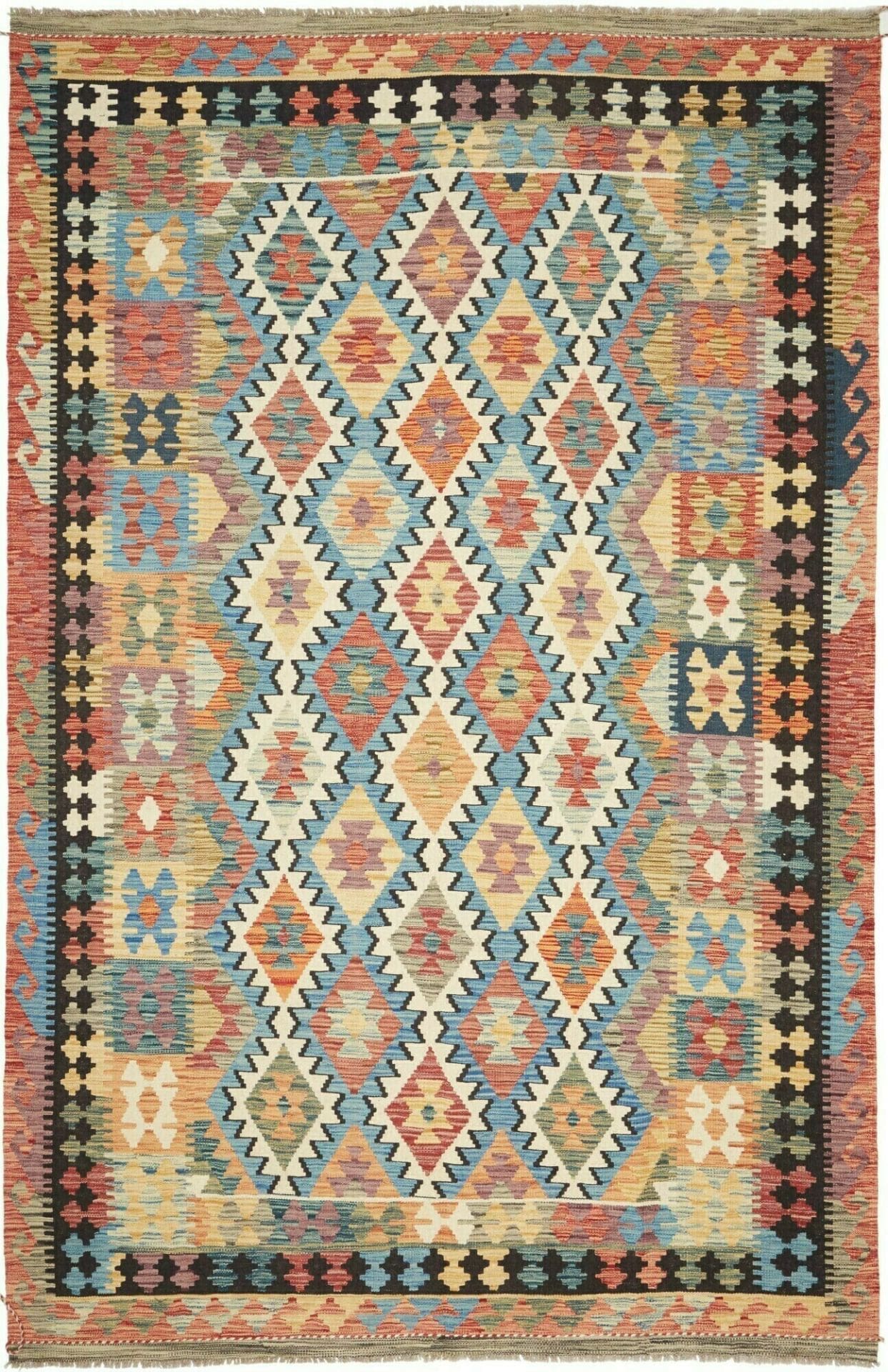Kelim Teppich 198 x 304cm, handgewebt, rustikales Flair, Wolle