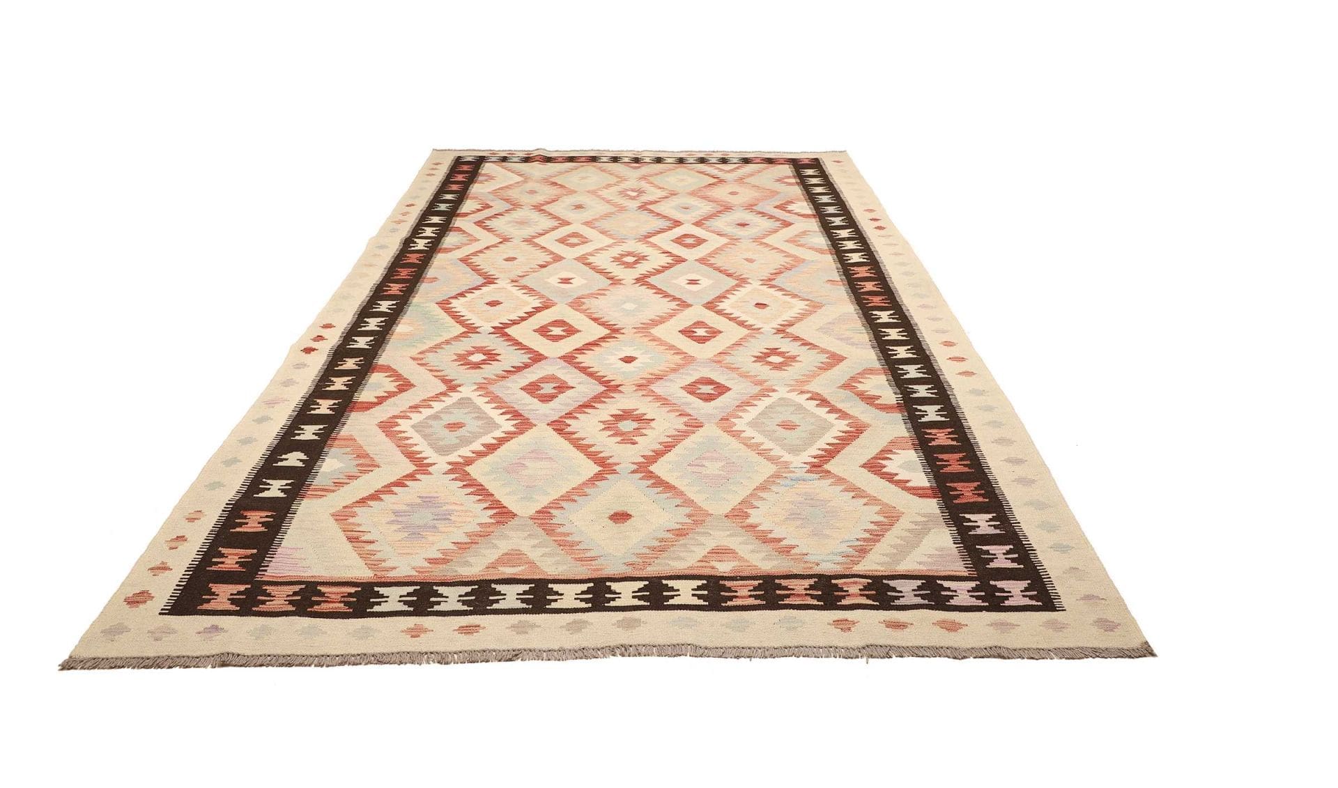 Kelim Teppich 203 x 295cm aus Schurwolle, handgewebt, rustikal