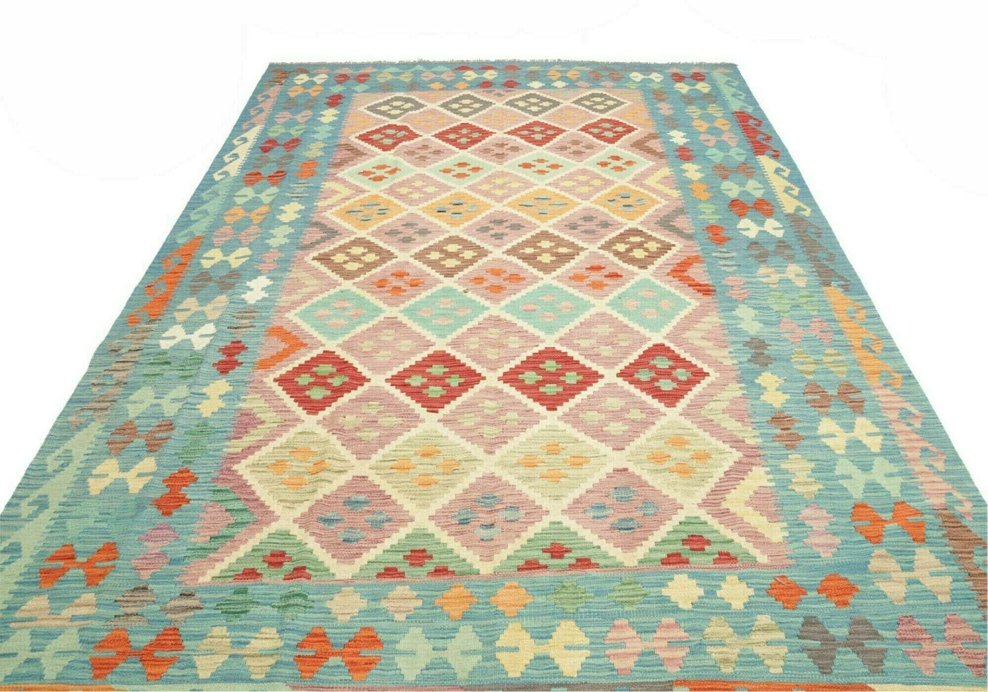 Kelim Teppich 199 x 298cm, handgewebt, rustikales Flair, Wolle