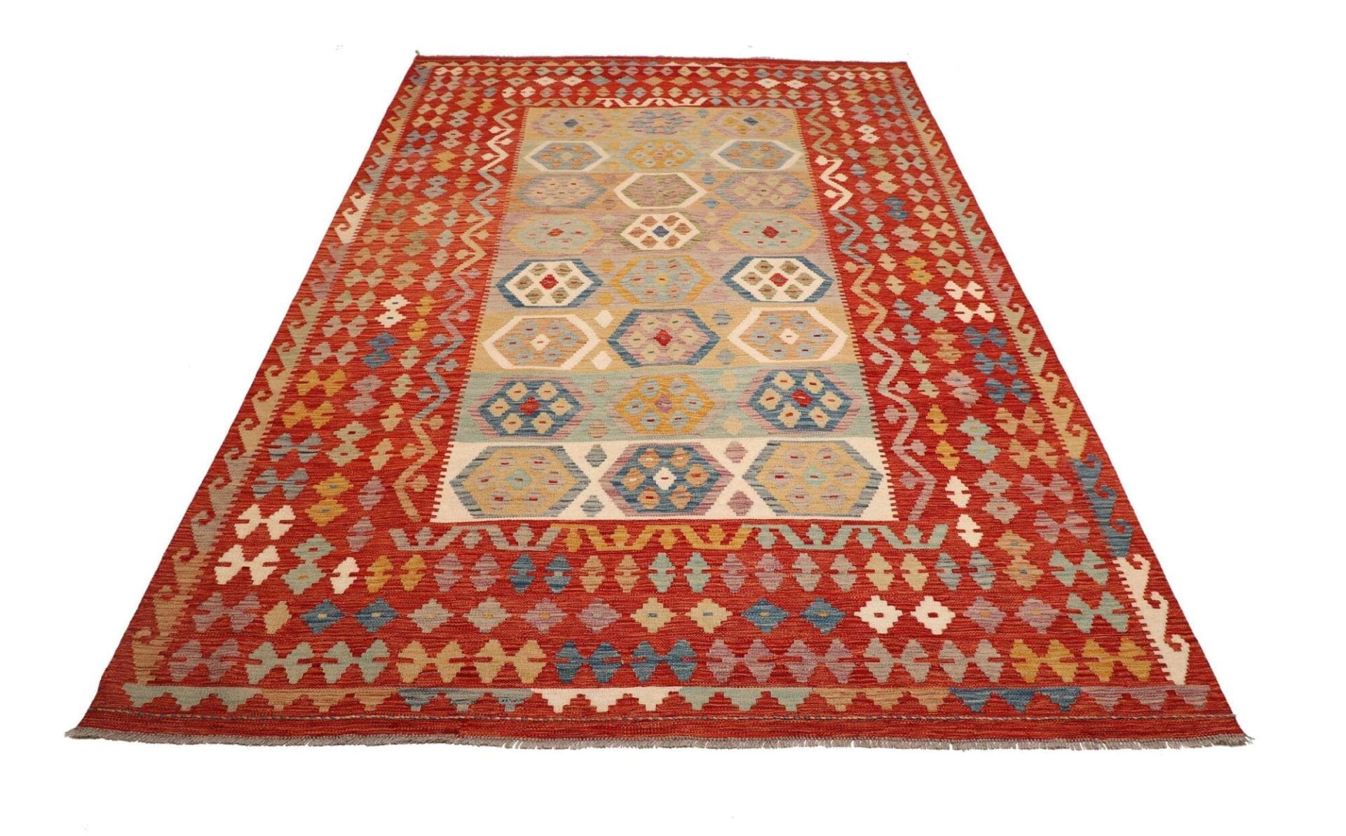 Kelim Teppich 200 x 304cm, handgewebt, rustikales Flair aus Wolle