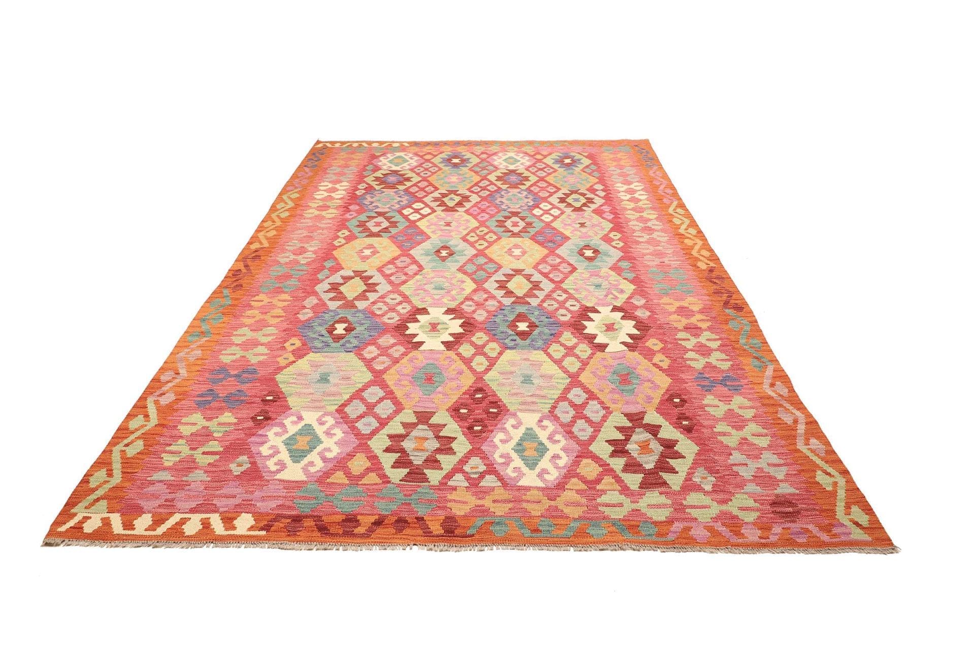 Kelim Teppich 205 x 296cm aus Schurwolle, handgewebt, rustikal