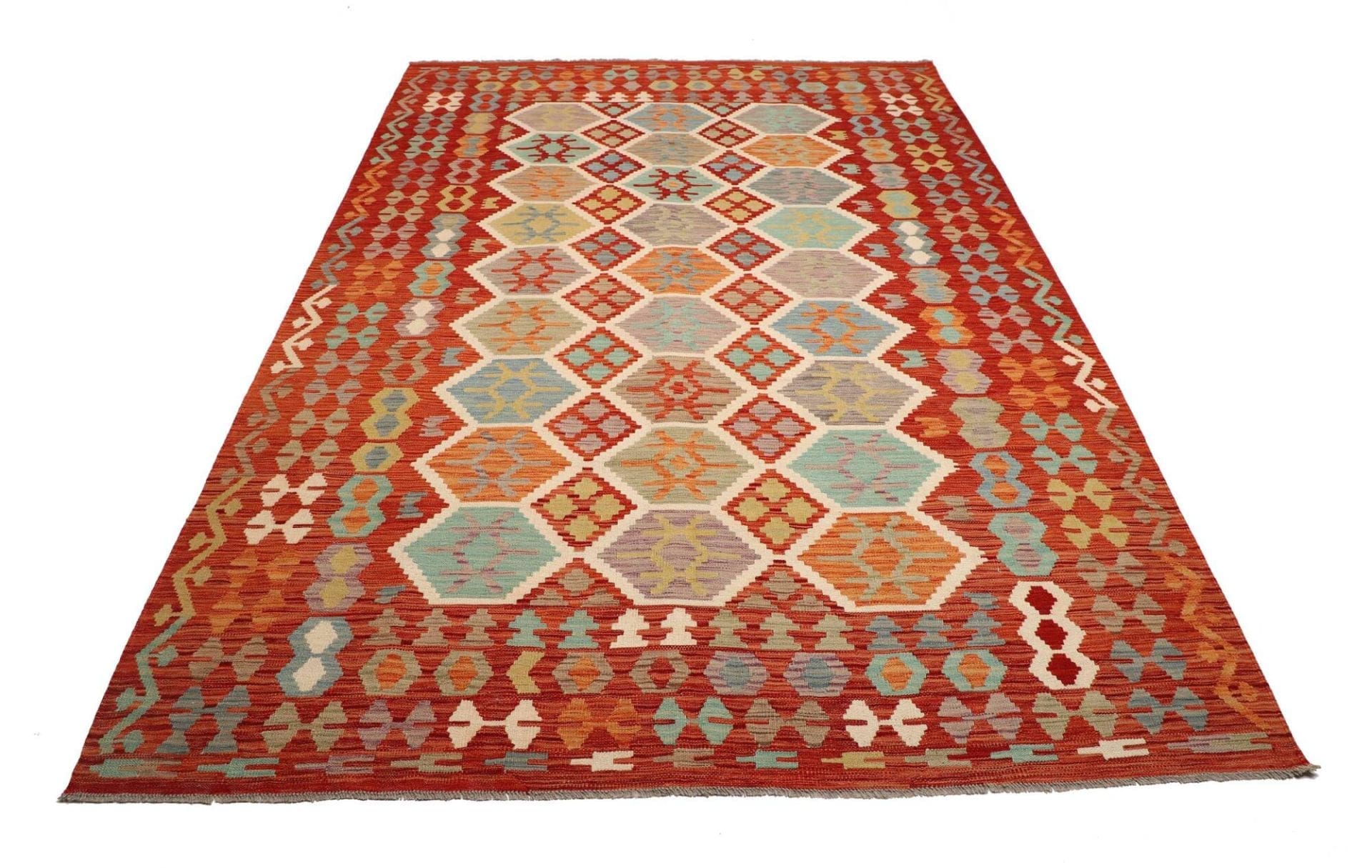 Kelim Teppich 204 x 297cm, handgewebt, rustikales Flair, Wolle