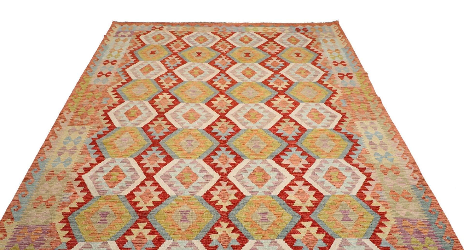 Kelim Teppich 200 x 293cm, Schurwolle, handgewebt, rustikales Flair