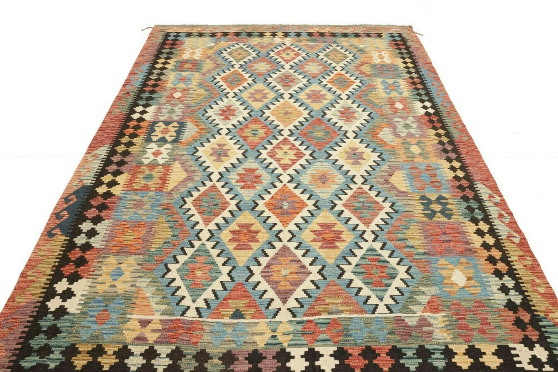 Kelim Teppich 198 x 304cm, handgewebt, rustikales Flair, Wolle
