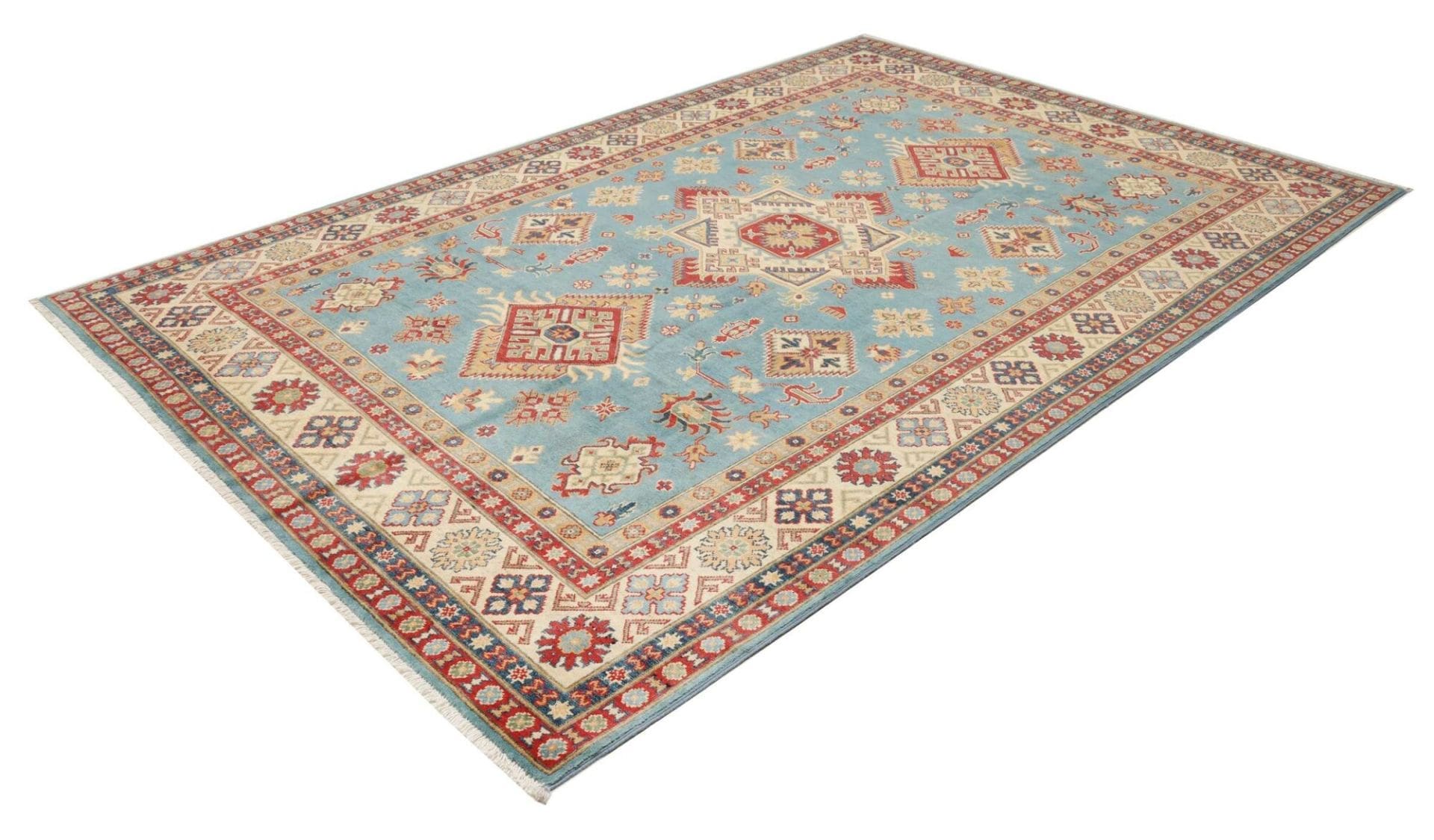 Kazak Orientteppich 201 x 293 cm, geometrisches Design, handgeknüpft
