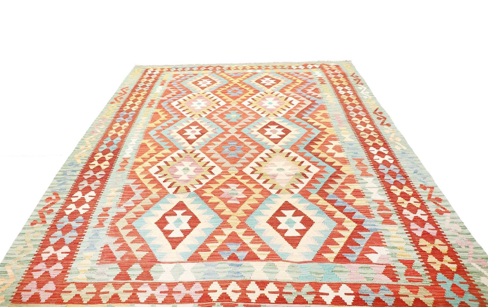 Kelim Teppich 208 x 299 cm, geometrisches Muster, handgewebt