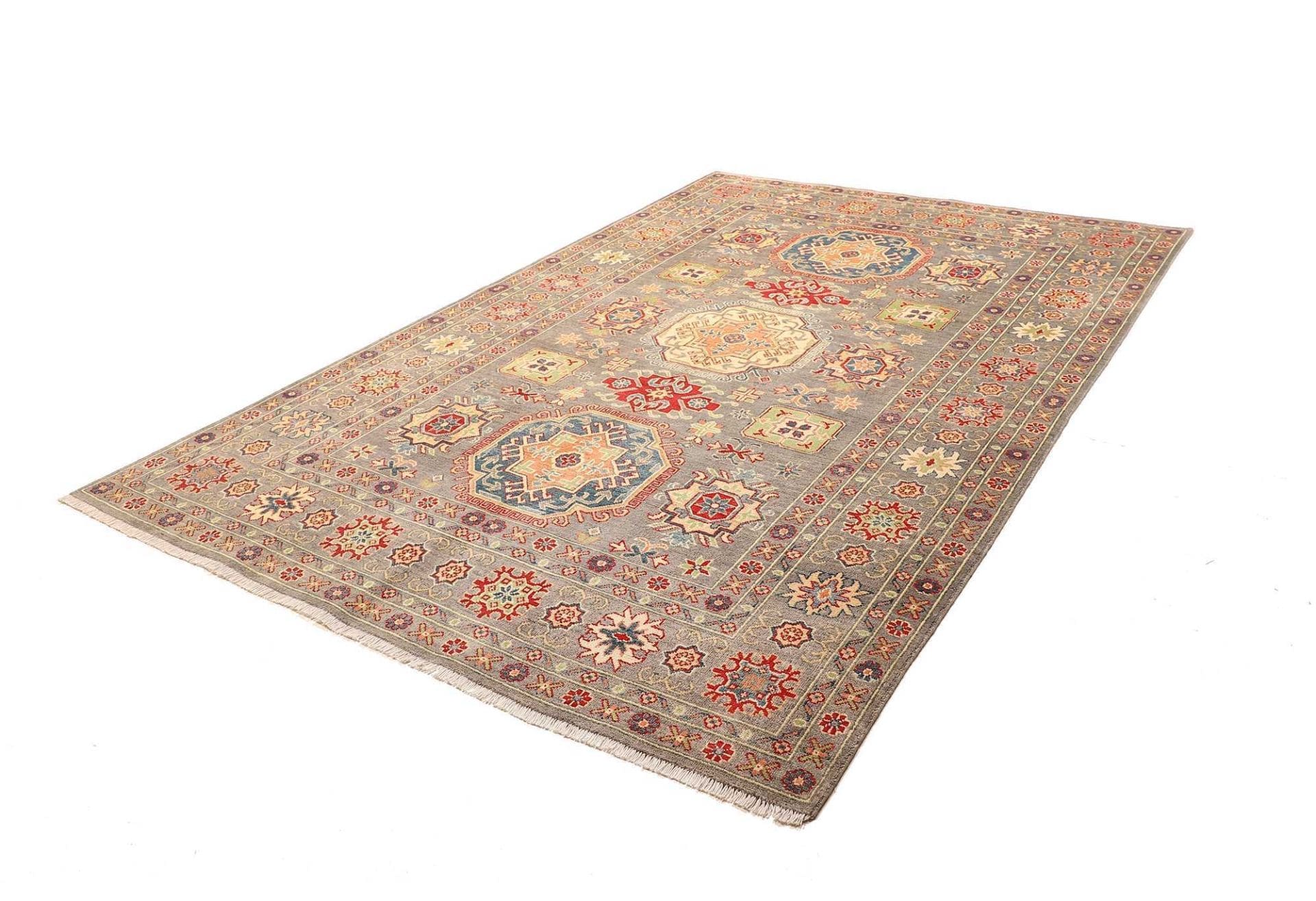 Kazak Orientteppich 201 x 296 cm, geometrisches Muster, handgeknüpft