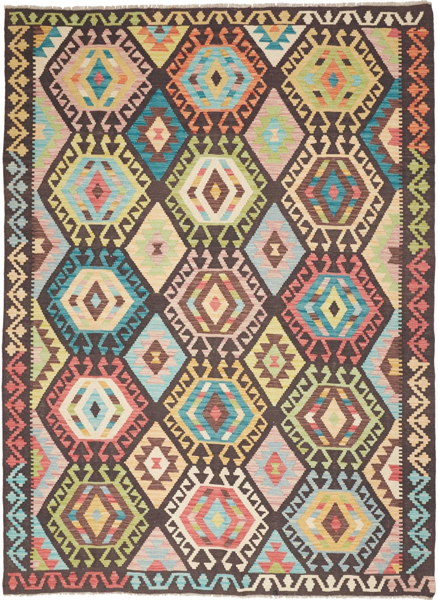 Kelim Teppich 177 x 238cm aus Schurwolle, handgewebt, rustikales Flair