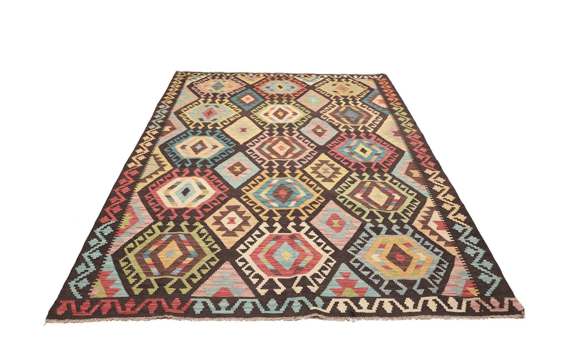 Kelim Teppich 177 x 238cm aus Schurwolle, handgewebt, rustikales Flair