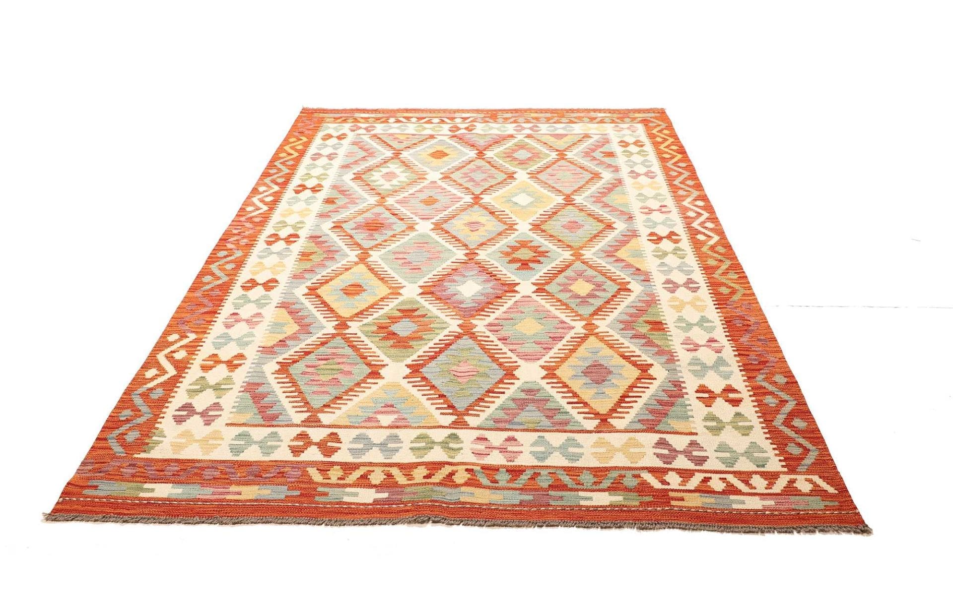 Kelim Teppich 168 x 243cm, handgewebt, rustikales Flair, Wolle