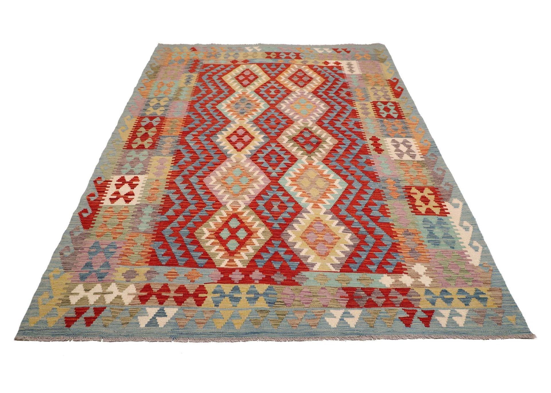 Kelim Teppich 173 x 241cm aus Schurwolle, handgewebt, rustikal