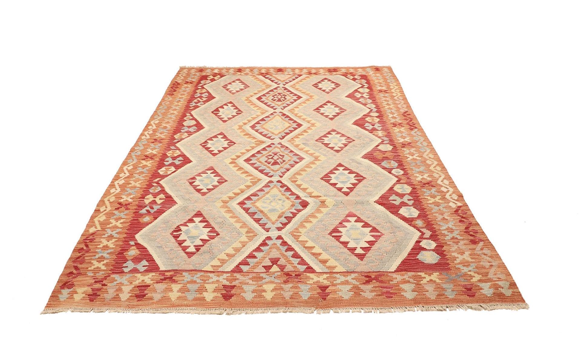 Kelim Teppich 177 x 241cm, handgewebt, rustikales Design, Wolle