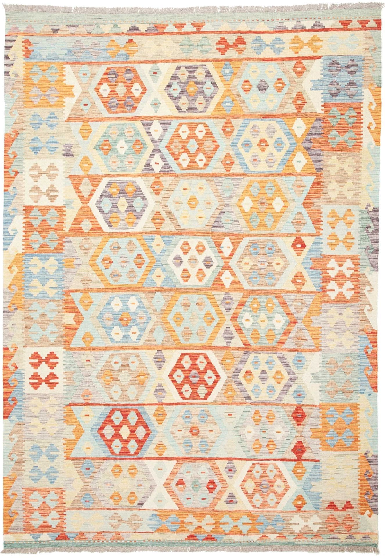 Kelim Teppich 174 x 246 cm, geometrisch, aus Schurwolle, handgewebt