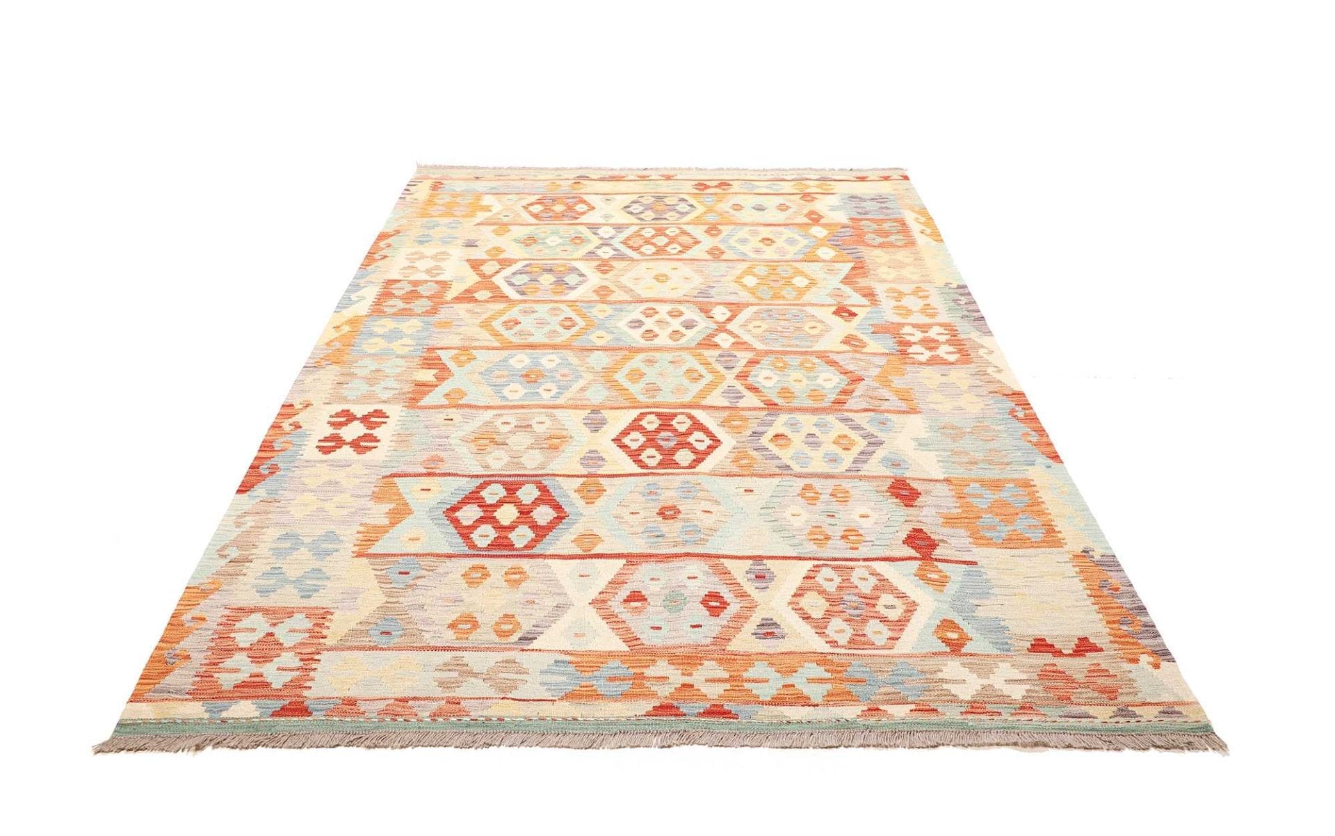 Kelim Teppich 174 x 246 cm, geometrisch, aus Schurwolle, handgewebt