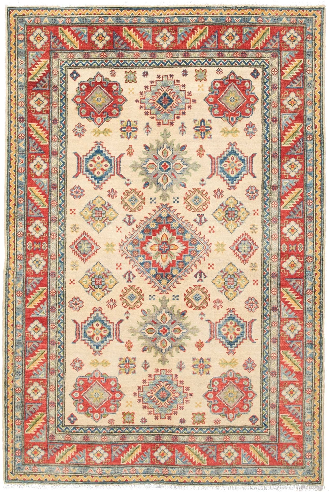(Verkauft) Kazak Teppich 125 x 183cm, geometrisches Muster, handgeknüpft