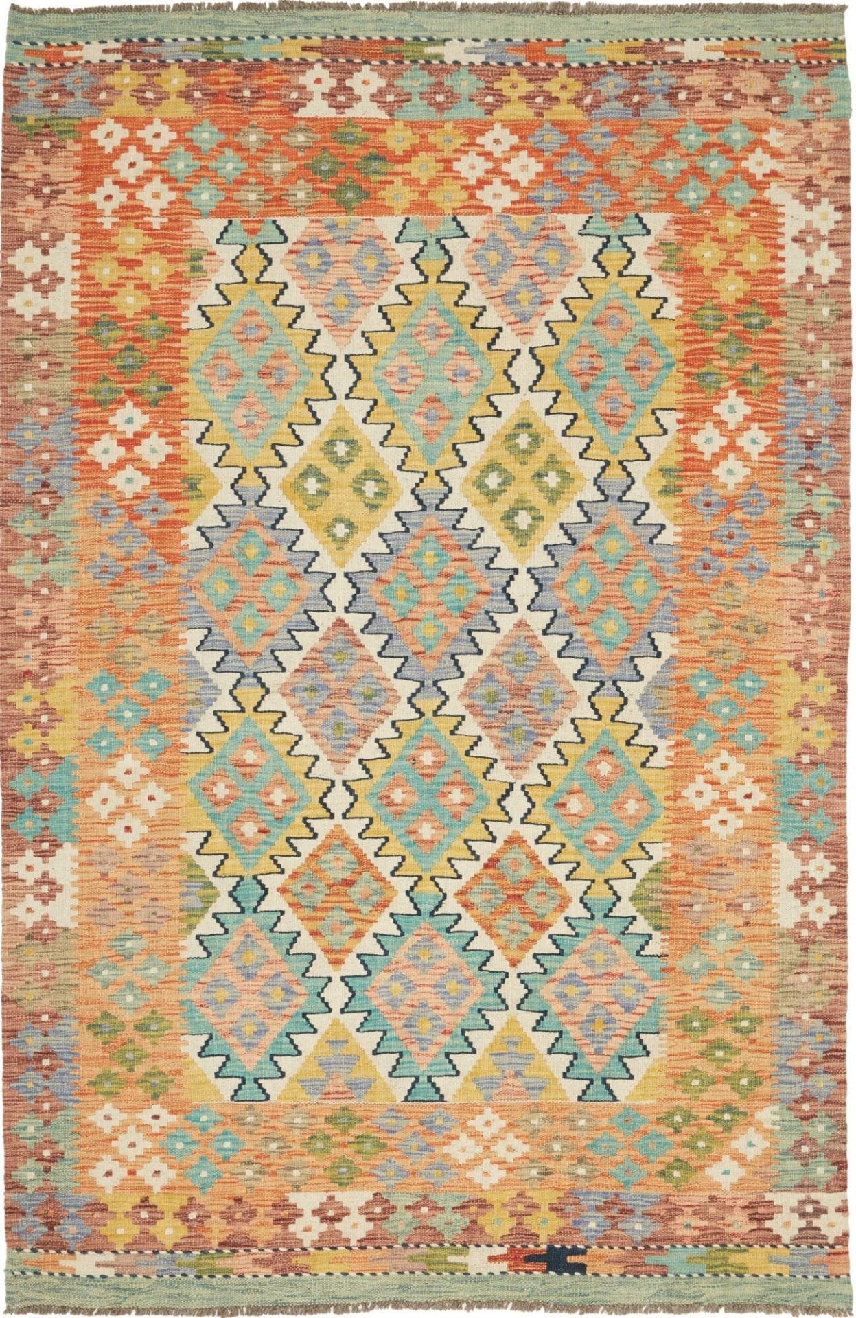 Kelim Teppich 127 x 190 cm aus Schurwolle, handgewebt, rustikal