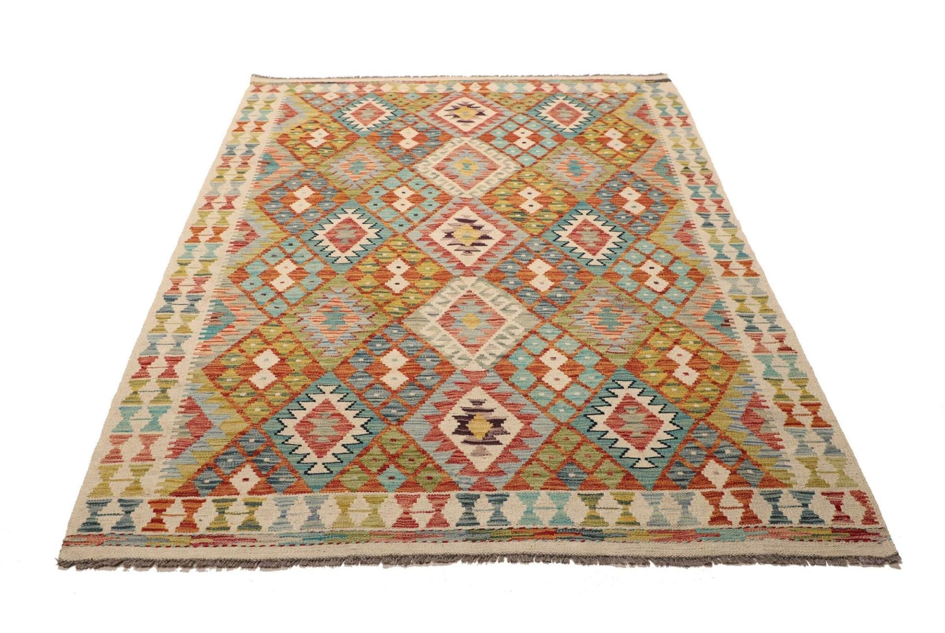 Kelim Teppich 157 x 201cm aus Schurwolle, handgewebt, rustikal