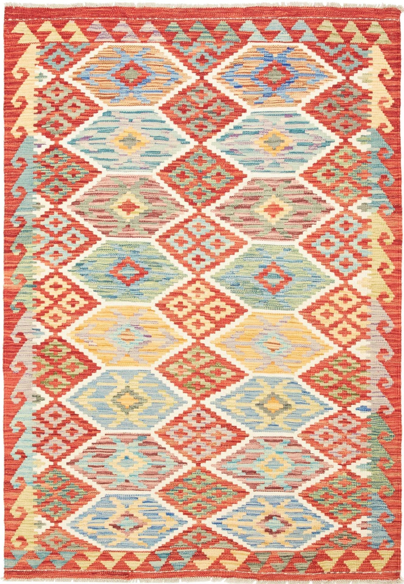 Kelim Teppich 128 x 182cm aus Schurwolle, handgewebt, rustikales Flair
