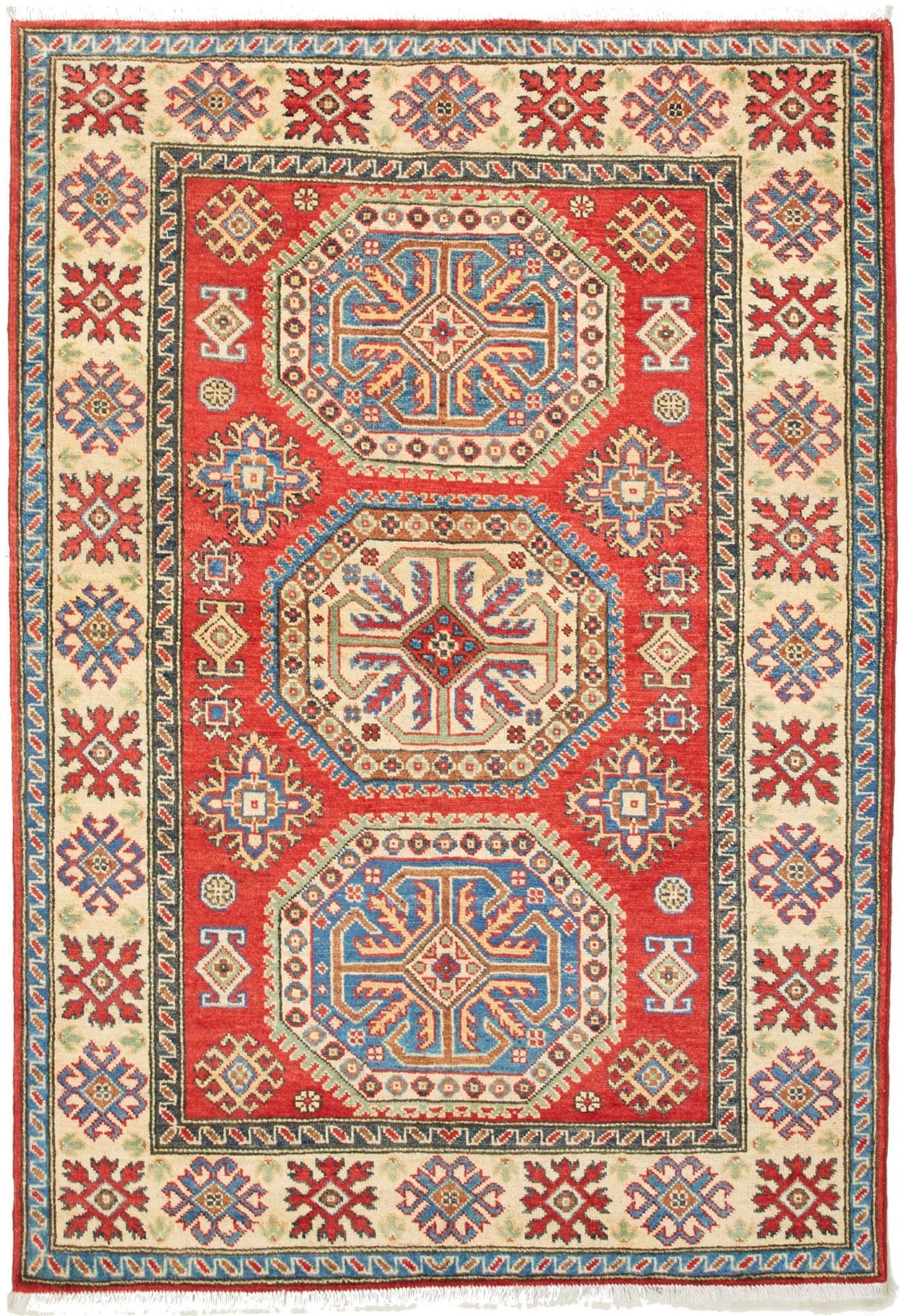 Kazak Teppich 124 x 174cm, geometrische Muster, handgeknüpft