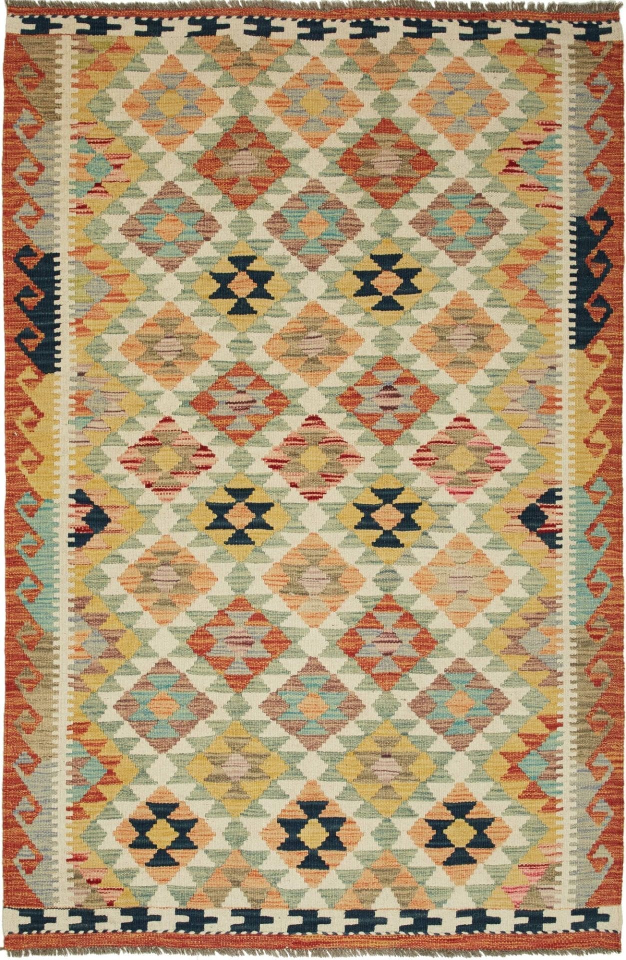 Kelim Teppich 122 x 177cm, handgewebt, rustikales Design, Wolle