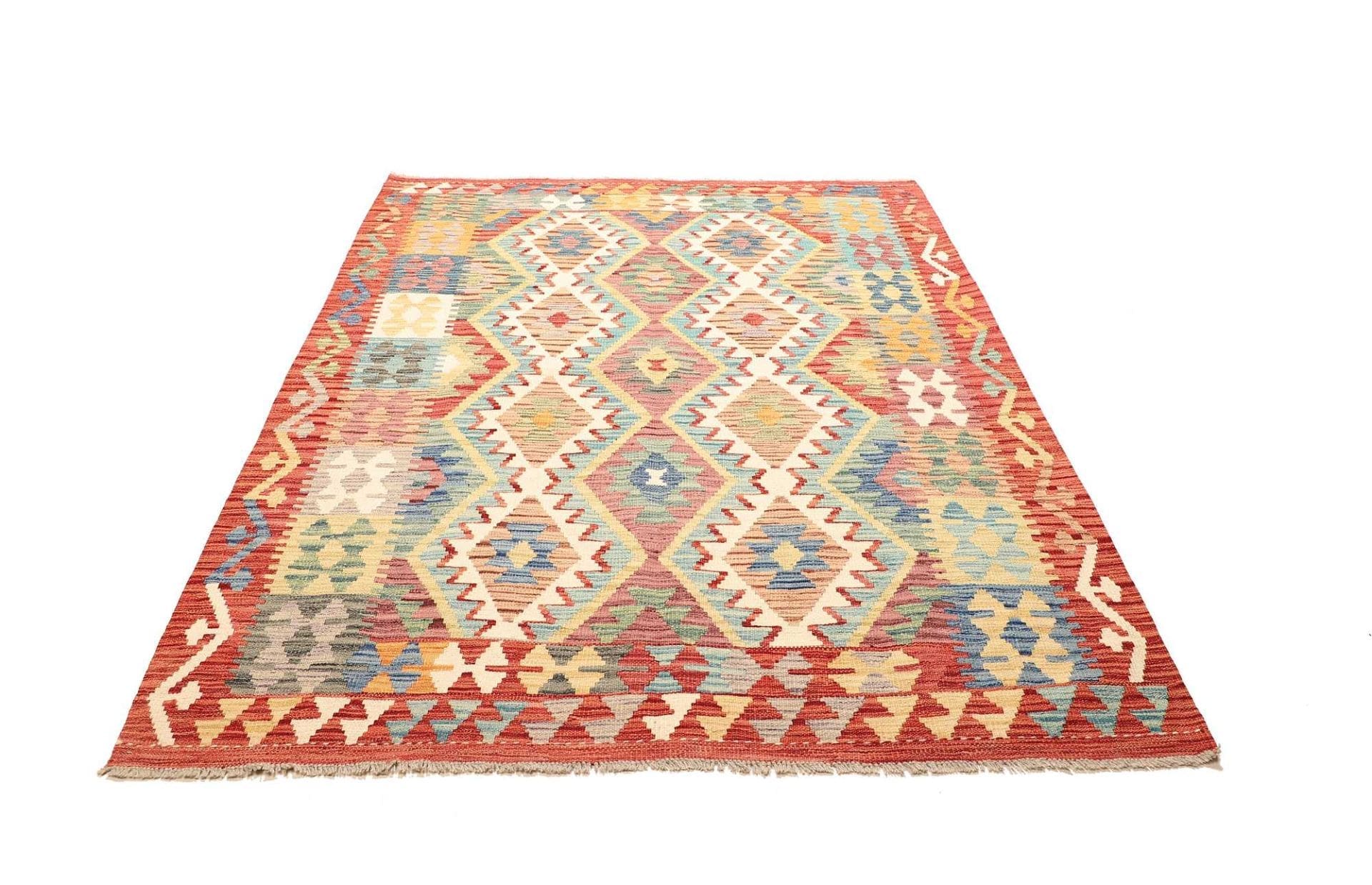 Kelim Teppich 156 x 202cm aus Schurwolle, handgewebt, rustikal