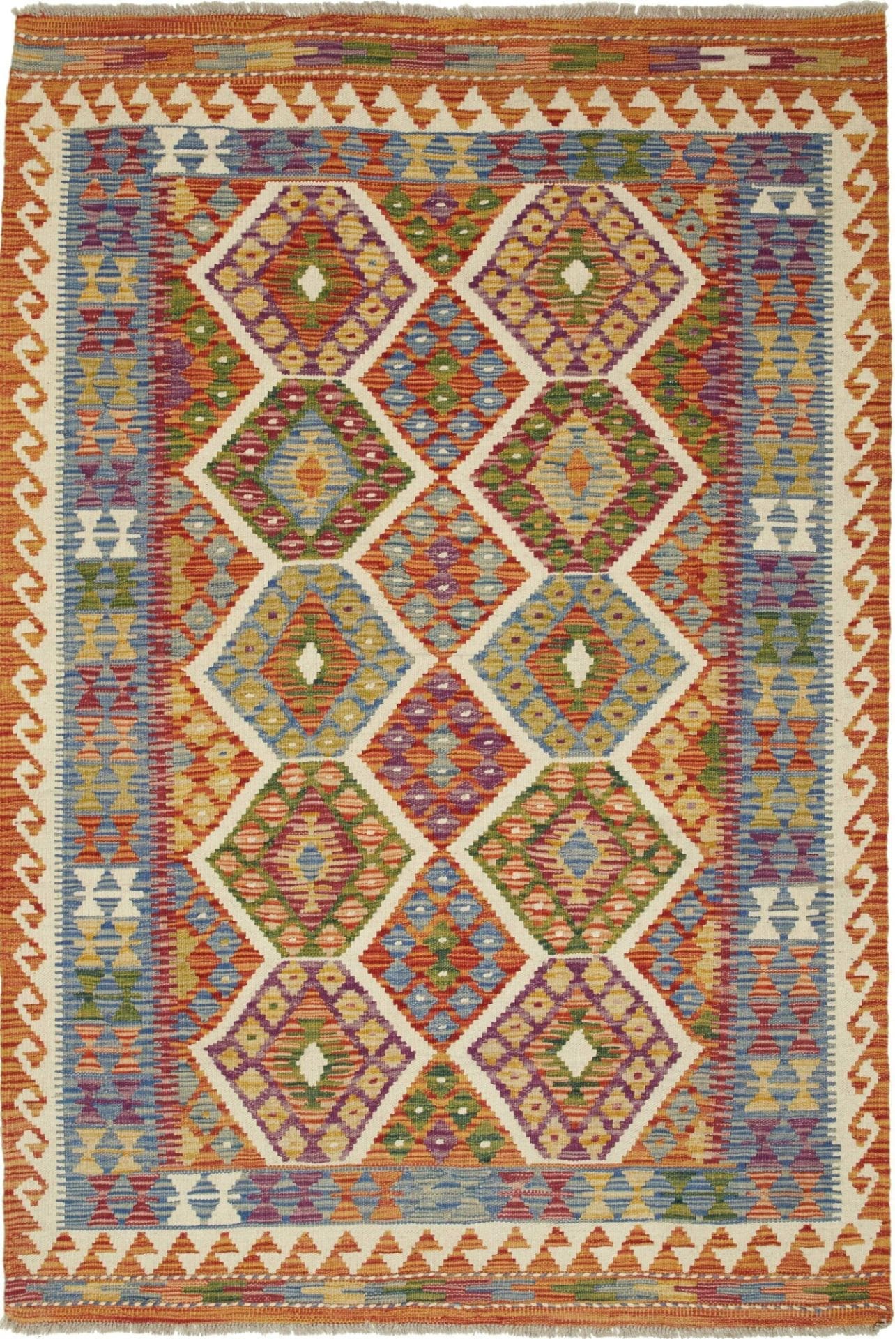 Kelim Teppich 129x187cm, handgewebt, rustikales Flair, Wolle