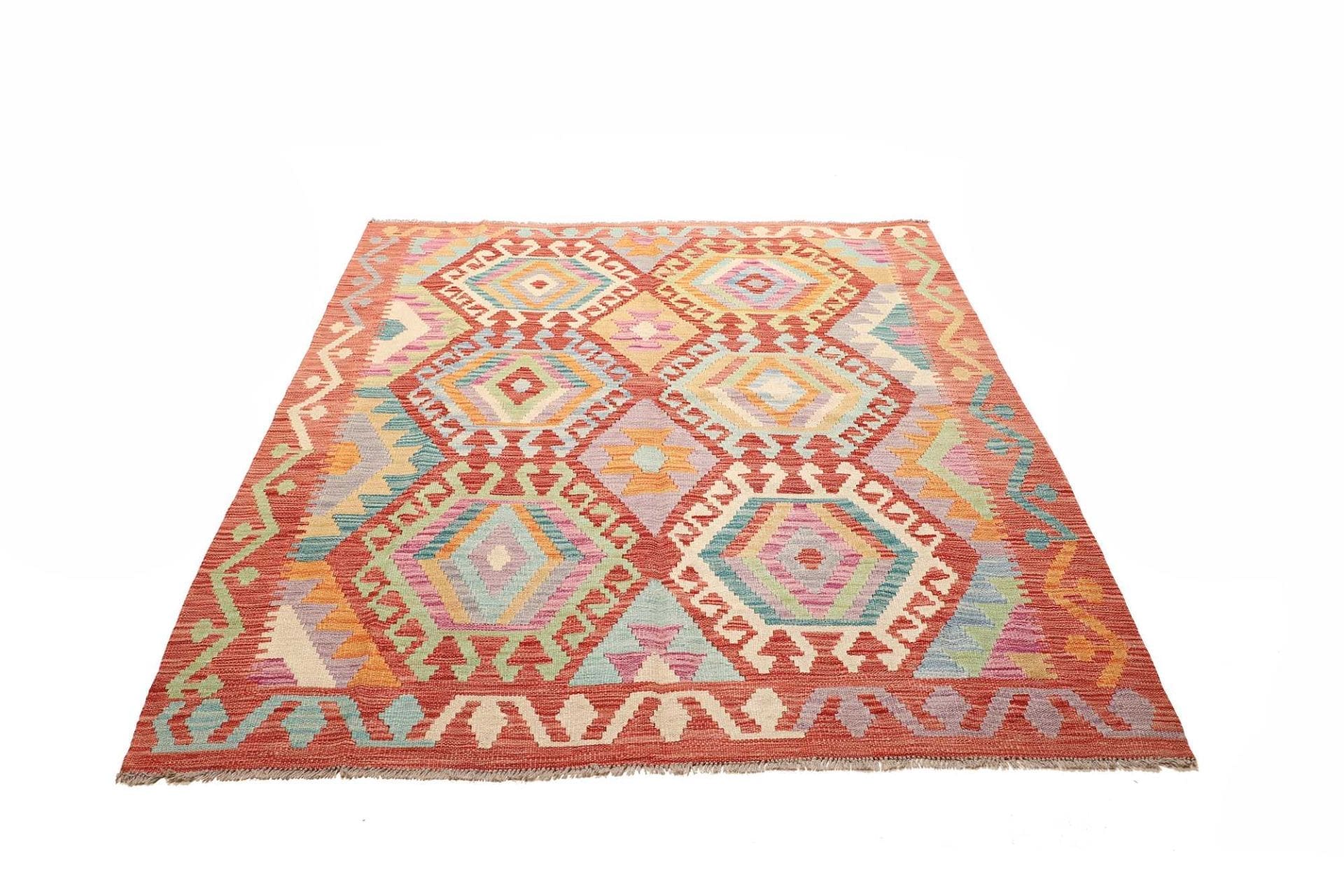 Kelim Teppich 156 x 192cm, handgewebt, rustikales Design, Wolle