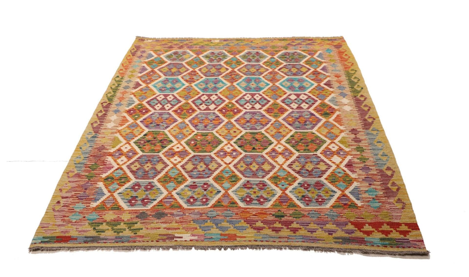 Kelim Teppich 161 x 197 cm aus Schurwolle, handgewebt, rustikal
